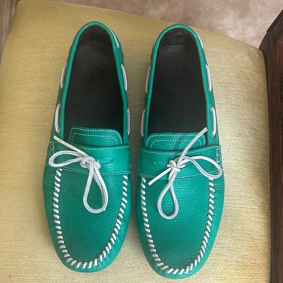 Jimmy Choo Men\'s Green Leather Loafers Moccasins with White Accents Size US 13 main image 6